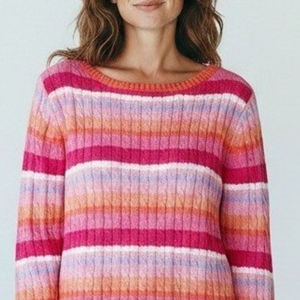 Lauren Ralph Lauren Pink Orange Stripe Cable Knit Cotton Sweater Womens Medium